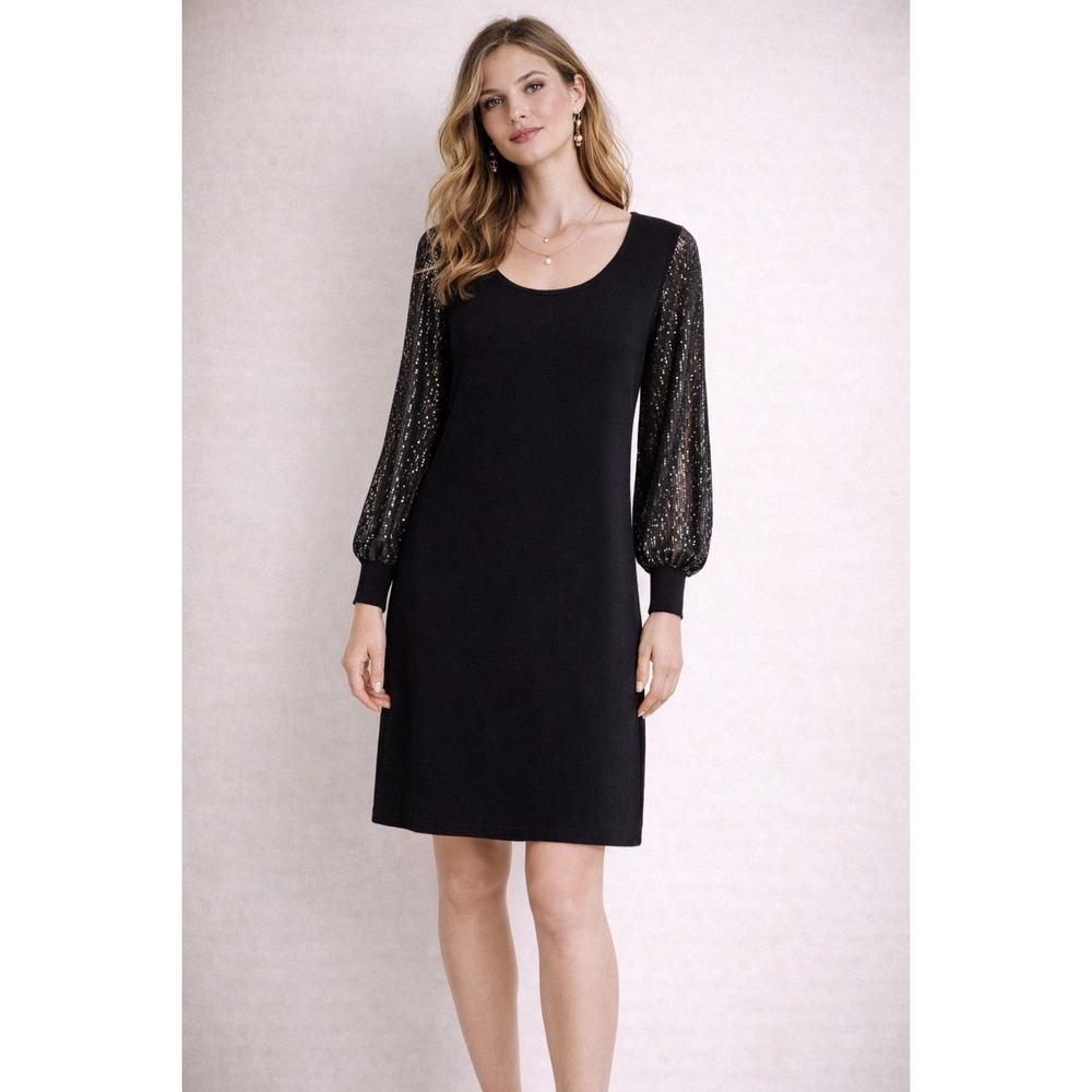 Hailey Lyn Black Knit Knee Length Dress with See Through Sequin Sleeves Size XL‎